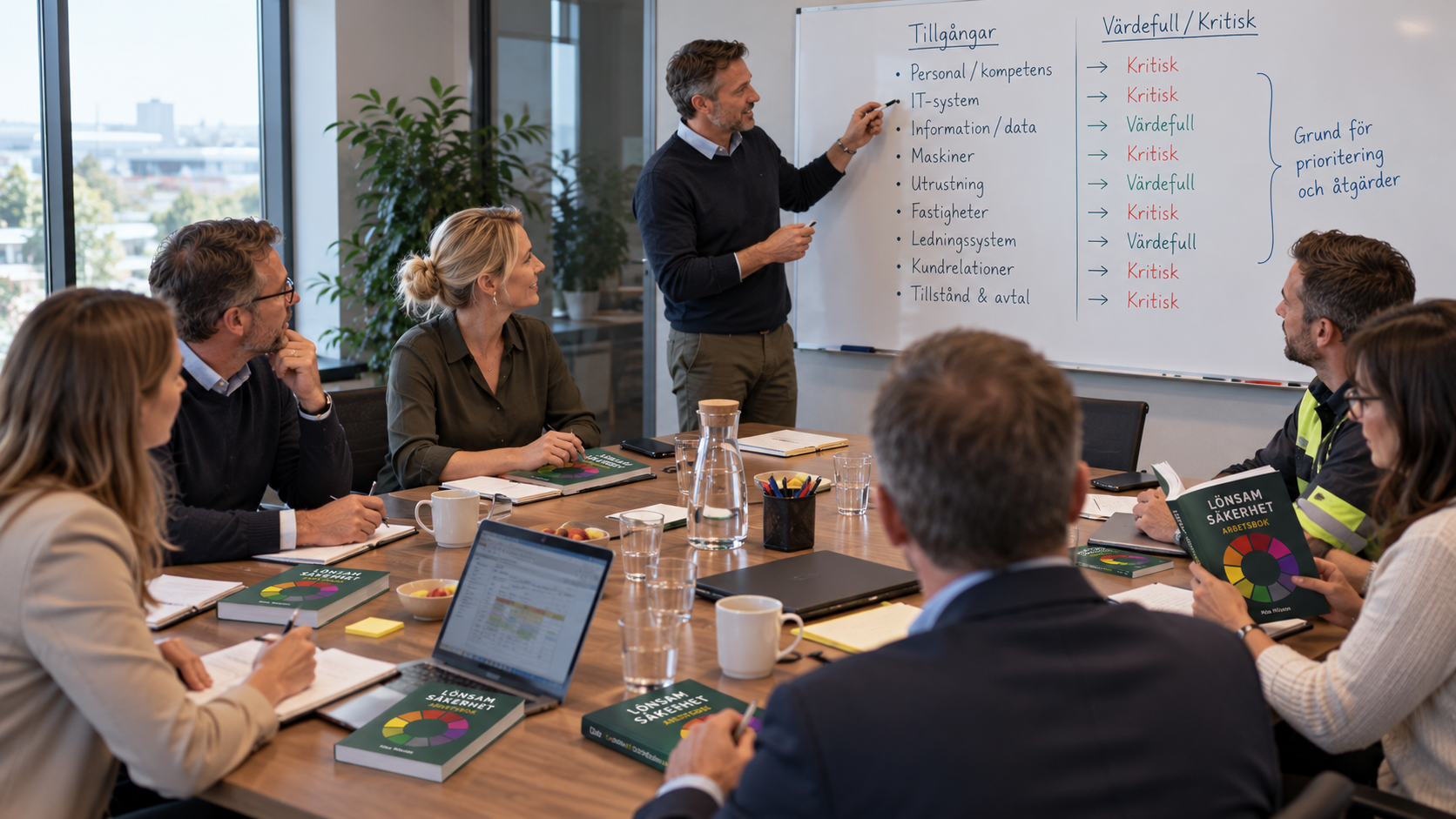 Workshop där deltagare från olika verksamhetsfunktioner använder Lönsam säkerhet – Arbetsbok för att identifiera och värdera tillgångar
