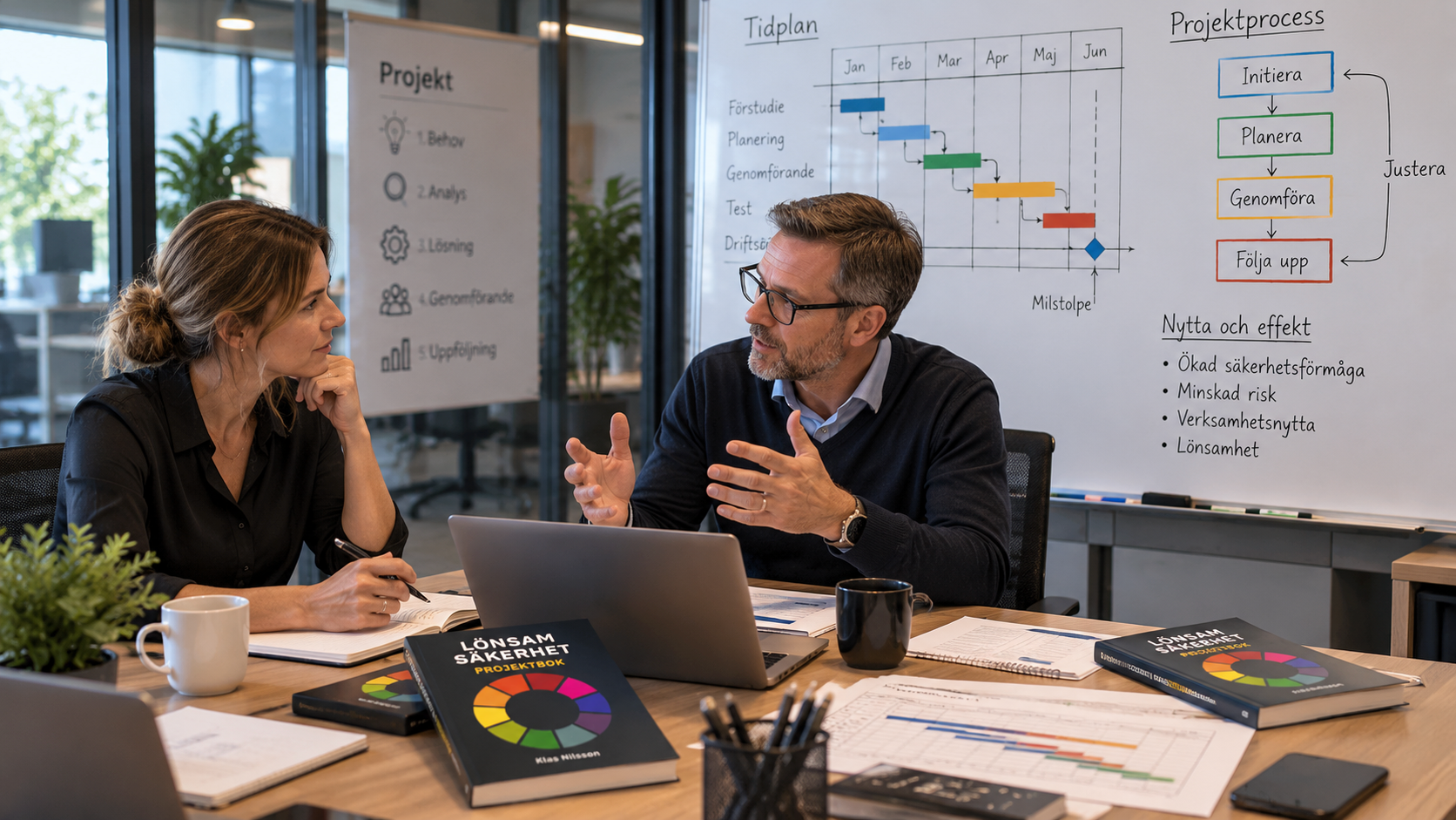 Projektledare och beställare diskuterar införandet av säkerhetsåtgärder med Lönsam säkerhet – Projektbok på bordet