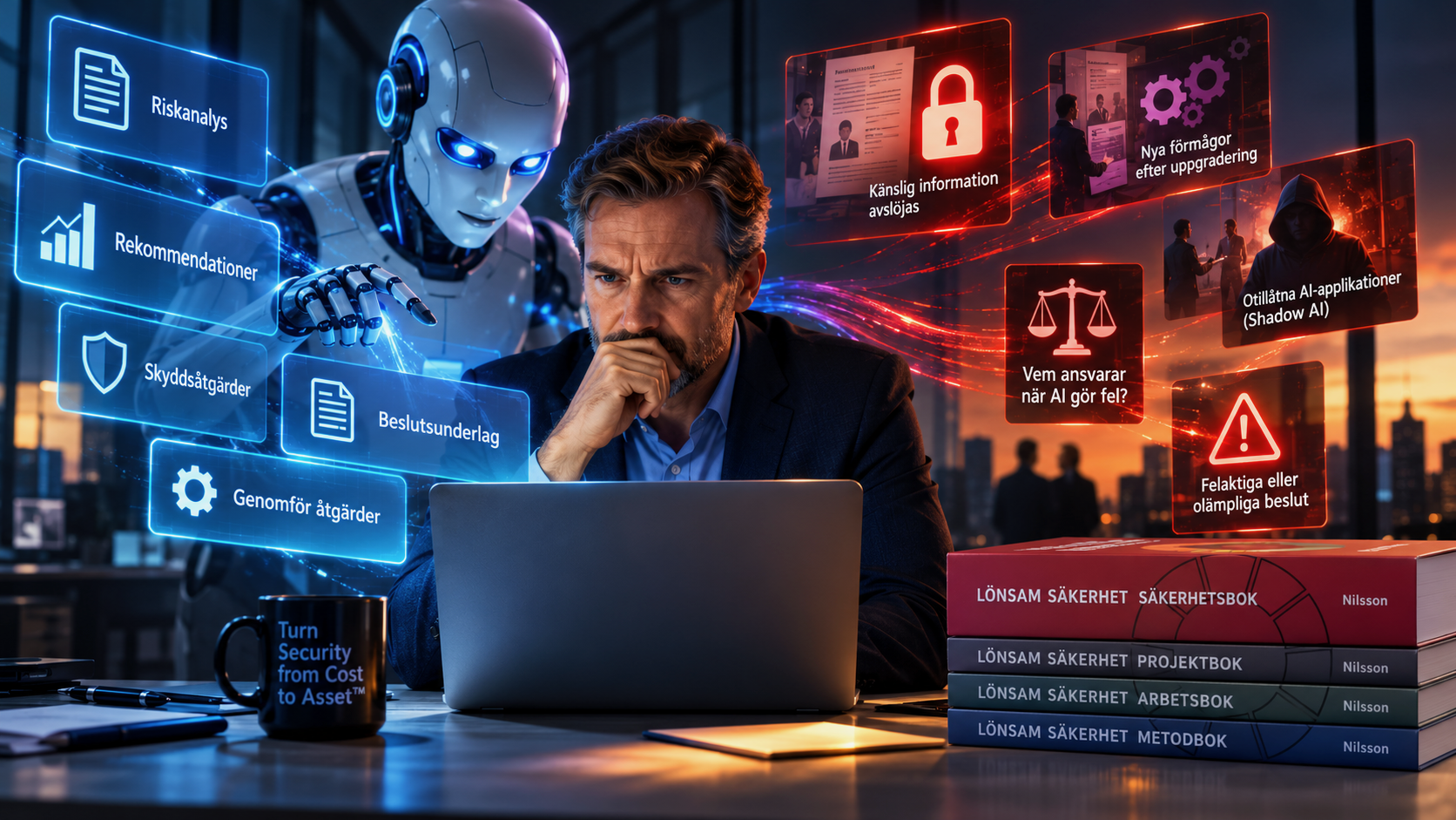 AI-medarbetare och säkerhetsansvarig med digitala funktioner och varningar om säkerhetsrisker